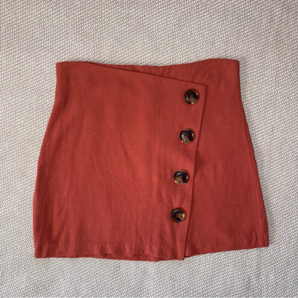 Coral Orange Linen Button Mini Skirt Sz Sm